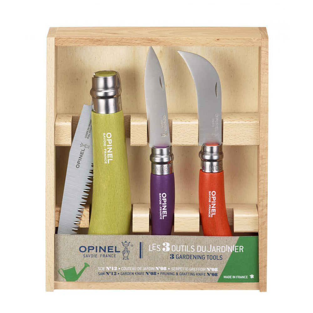 Caja con sierra N°12 + cuchillo N°8 de jardín + cuchillo N°8 para podar OPINEL- Depto51