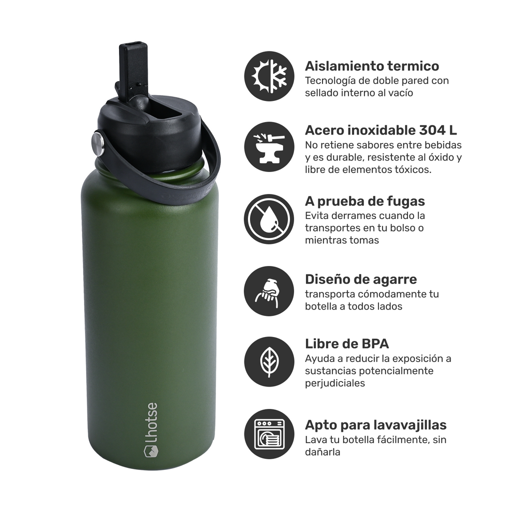 Botella Térmica Hydro Verde 960 ml + 3 Tapas Lhotse LHOTSE- Depto51