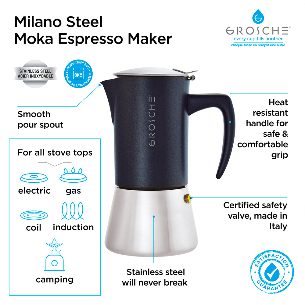 Cafetera Moka Grosche Milano Steel Negra 6 Tazas GROSCHE- Depto51
