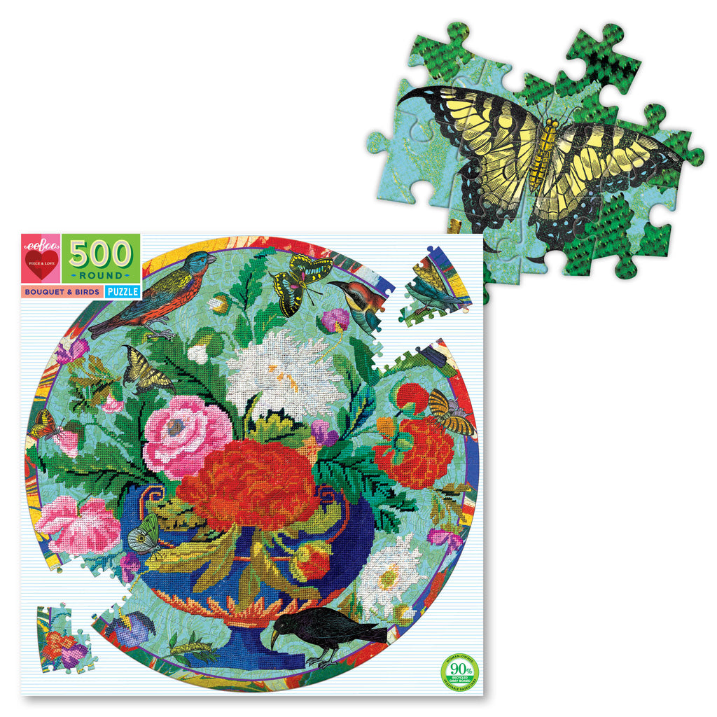 Puzzle 500 piezas redondo bouquet y pájaros EEBOO- Depto51